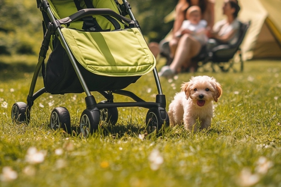Portable pet stroller with storage basket