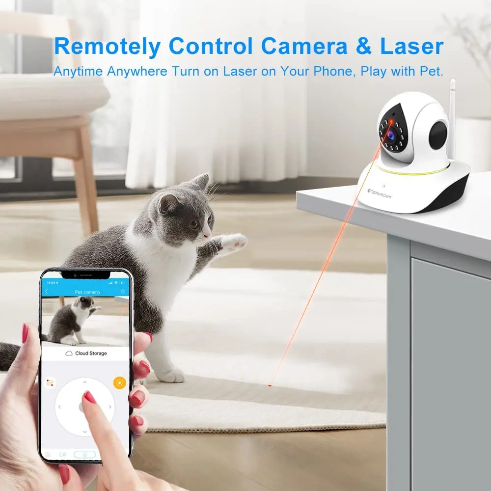 Interact, talk to and play with your dog or cat from your phone with this innovative smart camera and laser toy with night vision.